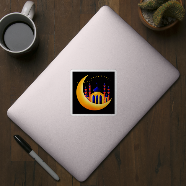 Blue & Gold Mosque on Crescent Moons Stars Ramadan by HolidayBug